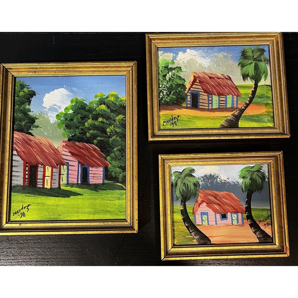 Small Caribbean Folk Art Signed Framed Set Of 3 Tropical VTG